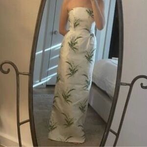 Strapless White Maxi Dress with Green Botanical Print
